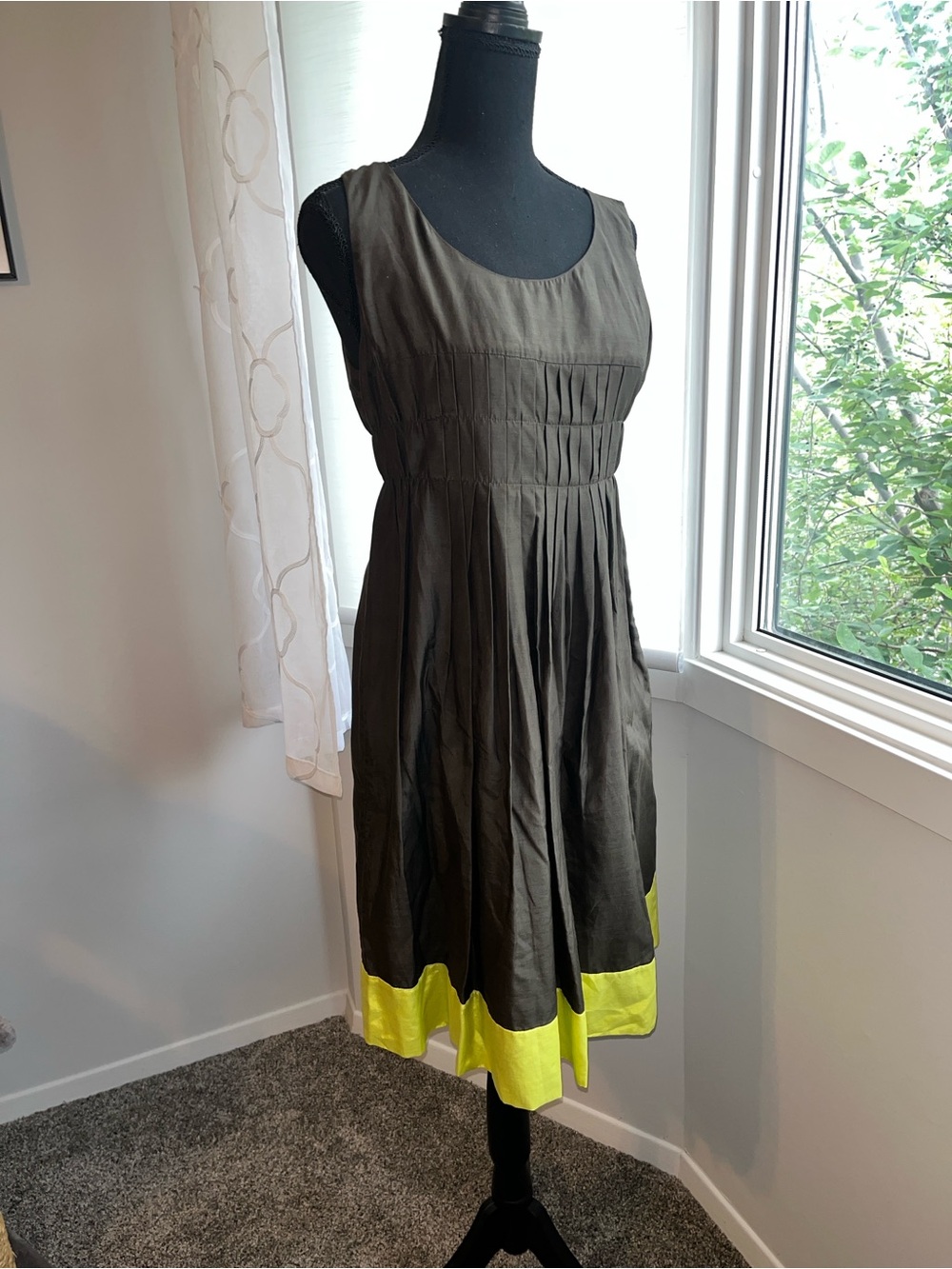 Cotton Silk Blend Seventy Taupe  Midi Dress with Yellow Hem